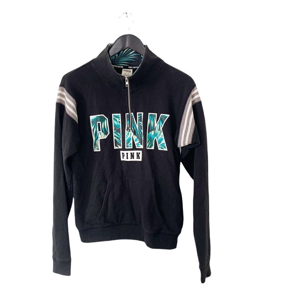 PINK Victoria’s Secret Black Green Palm Tree‎ Logo 1/4 Zip SweatShirt